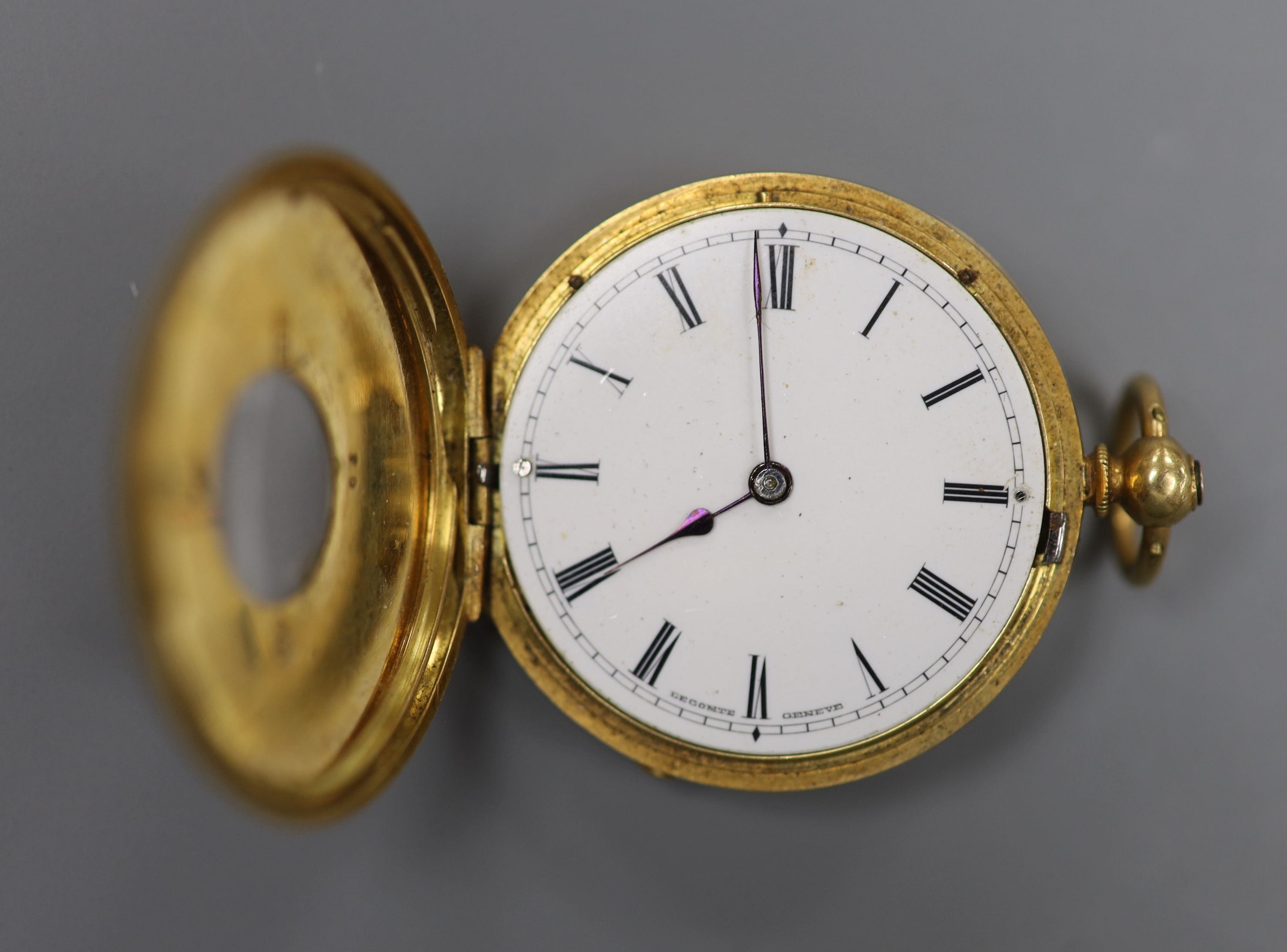 A continental 18k and enamel keywind half hunter pocket watch